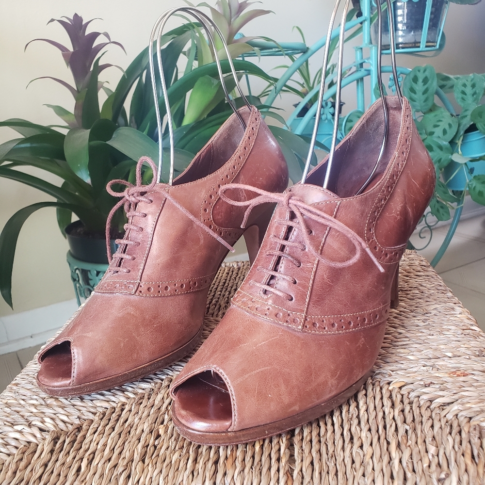 Cole Haan Brown Leather Peep-Toe Lace-Up Heeled Booties
